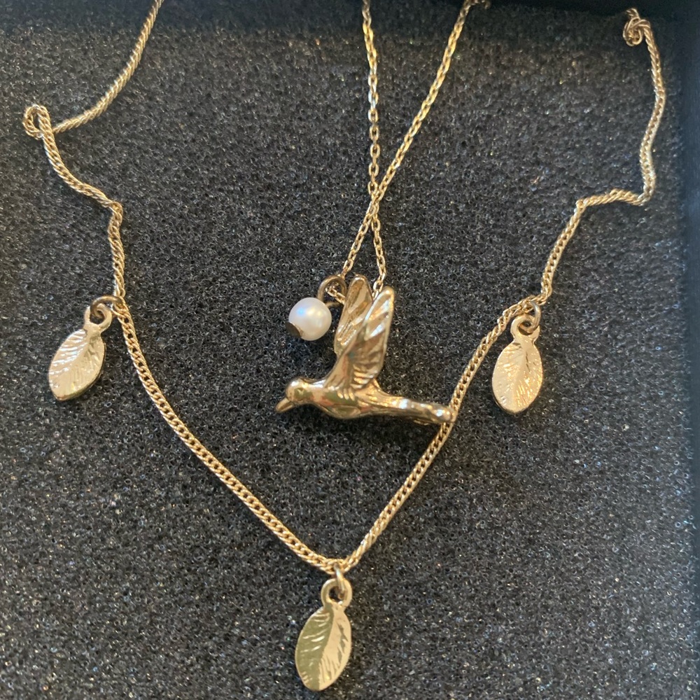 Bird pearl leaves doubled layer necklace